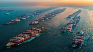 Dozens of cargo and tanker ships stranded at anchor near the Strait of Hormuz during the 69-day closure