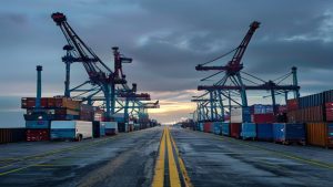Cranes idle and containers stacked at a US East Coast port during the ILA dockworkers strike