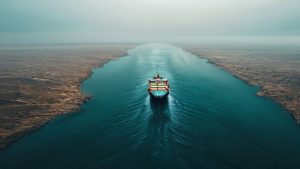 A single oil tanker crossing the otherwise empty Strait of Hormuz at 5 percent normal traffic