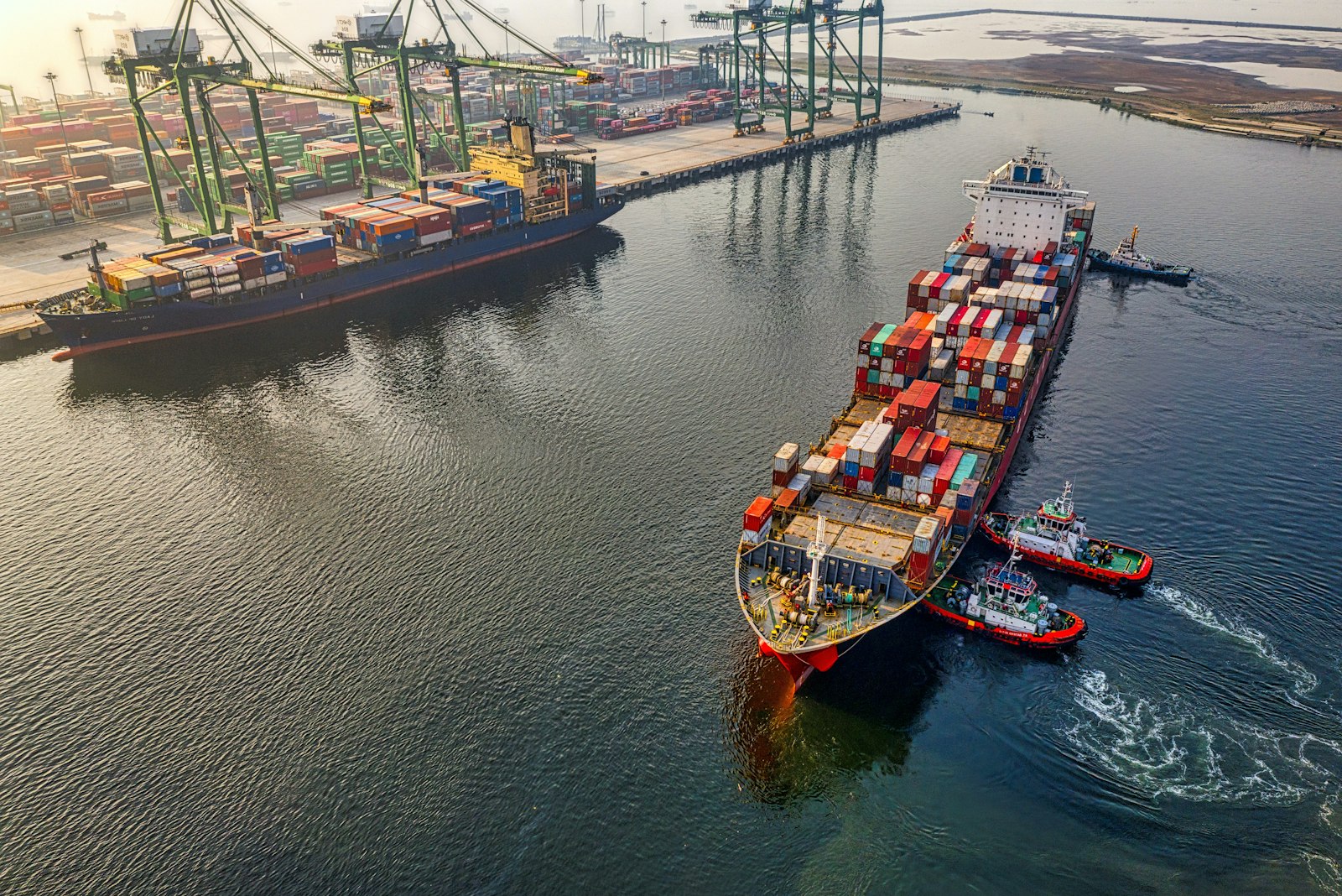 Aerial view of a busy container terminal at the Port of Houston