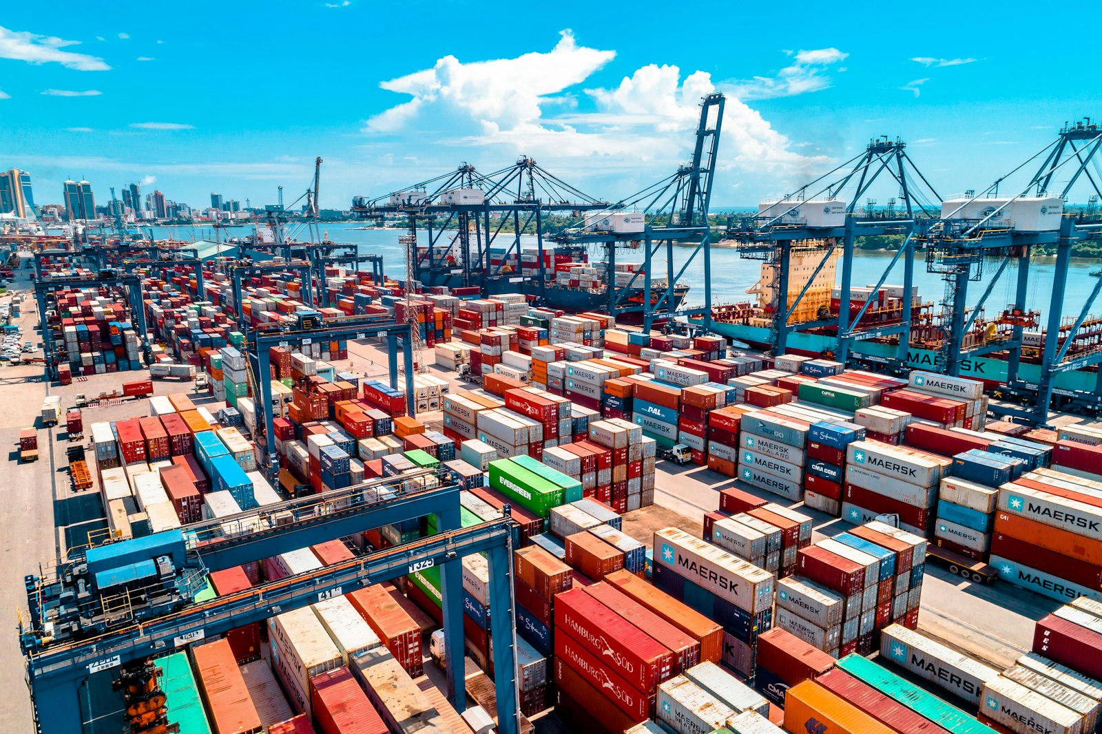 Container terminal at PortMiami with the city skyline behind