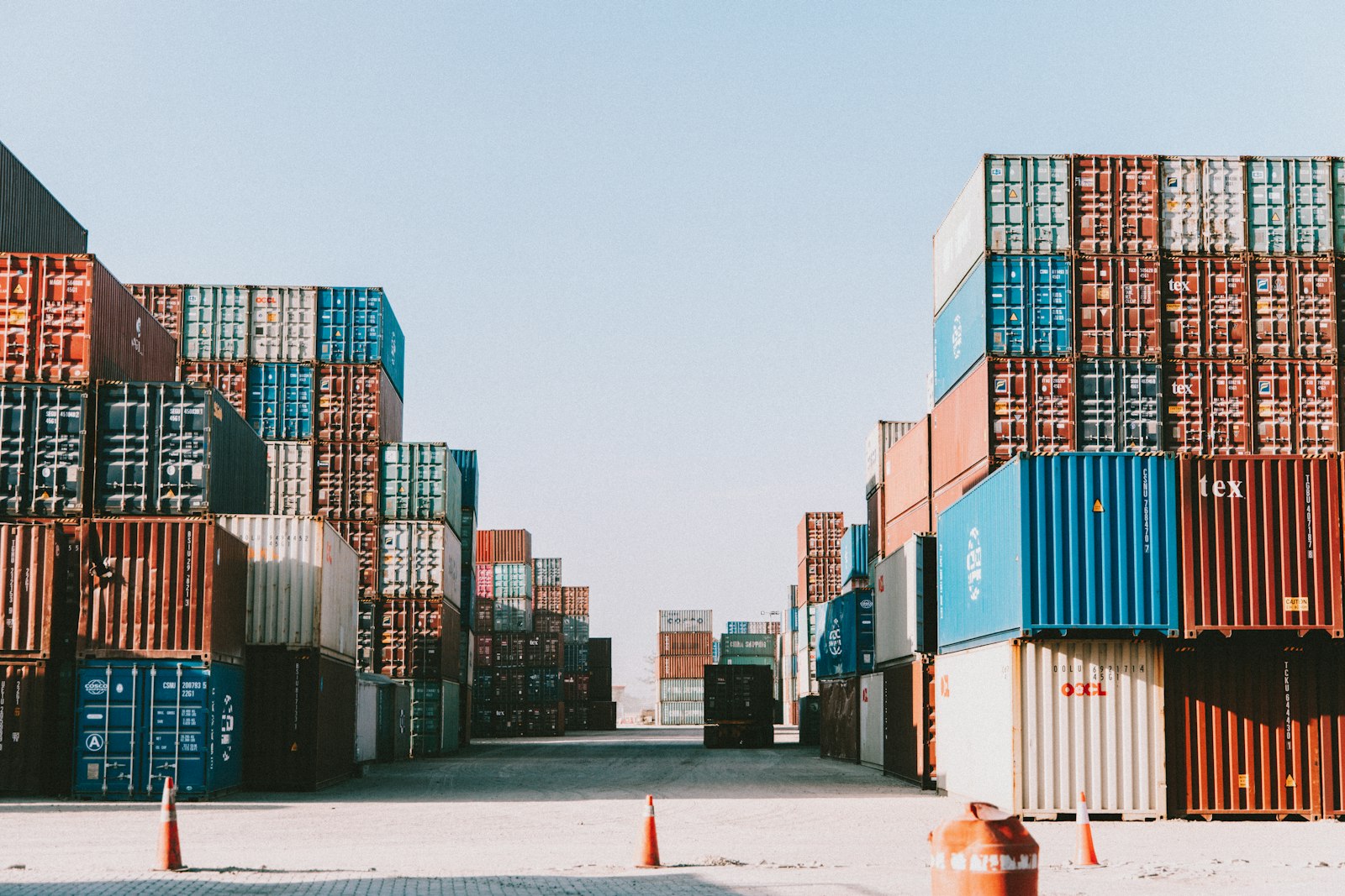 Stacked shipping containers at a Seattle-Tacoma container terminal