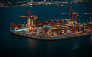 Container ship and cranes at the Port of Vancouver shipping terminal