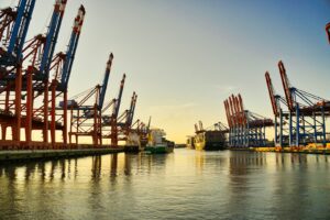 Container port terminal cranes handling ocean freight from China to France