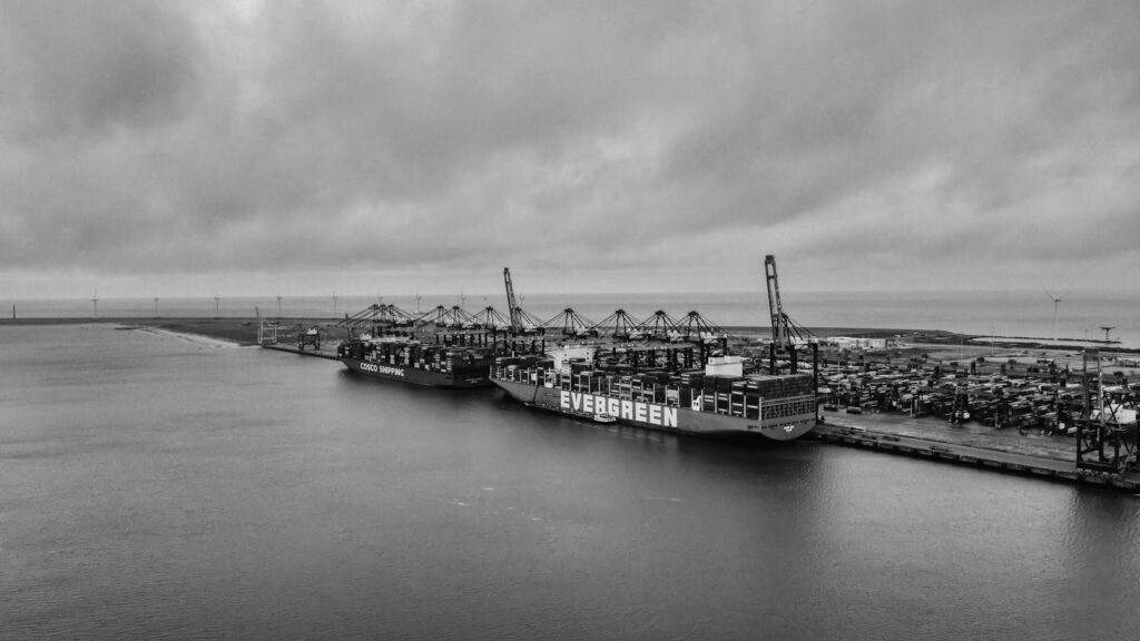 Cargo ships docked at the Port of Rotterdam container terminal