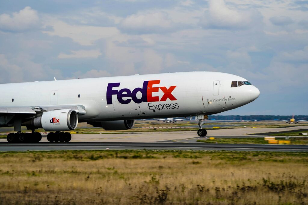 FedEx cargo freighter on the runway for air shipping from the USA to Germany
