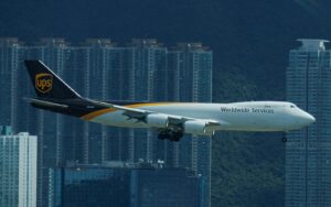 UPS cargo freighter carrying air freight from the USA to India