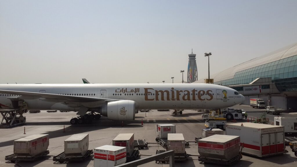 Wide-body cargo jetliner on the airport tarmac in Dubai, USA to UAE air freight lane