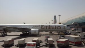 Wide-body cargo jetliner on the airport tarmac in Dubai, USA to UAE air freight lane