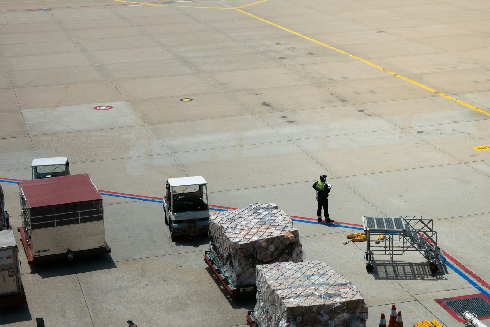 Netted air cargo pallets on dollies on an airport apron with a ground handler nearby
