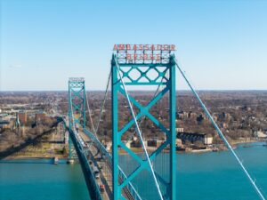 Ambassador Bridge over the Detroit River, the main US-Canada freight crossing between Detroit and Windsor