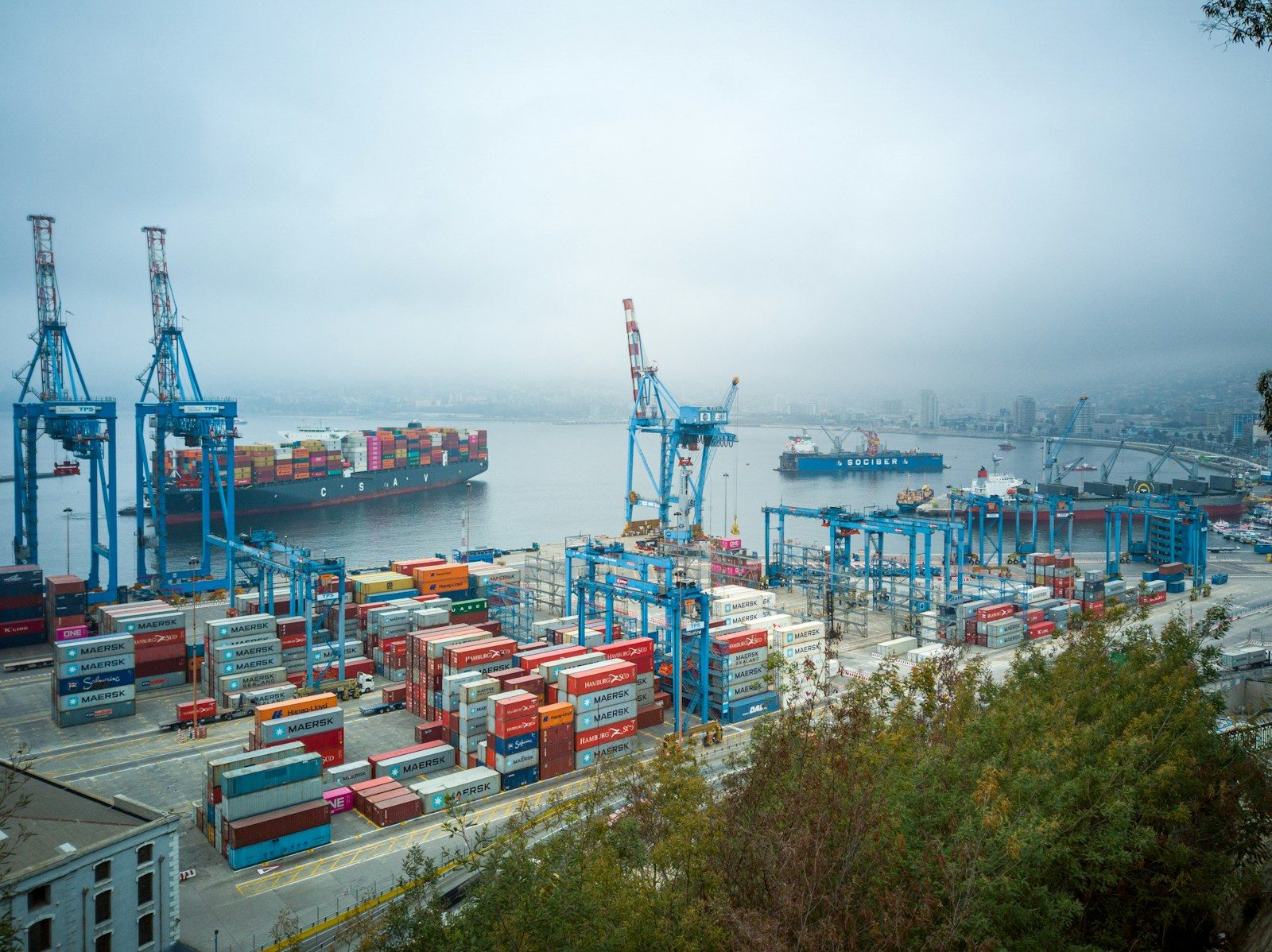 Container ships at berth under ship-to-shore cranes at a hillside seaport container terminal