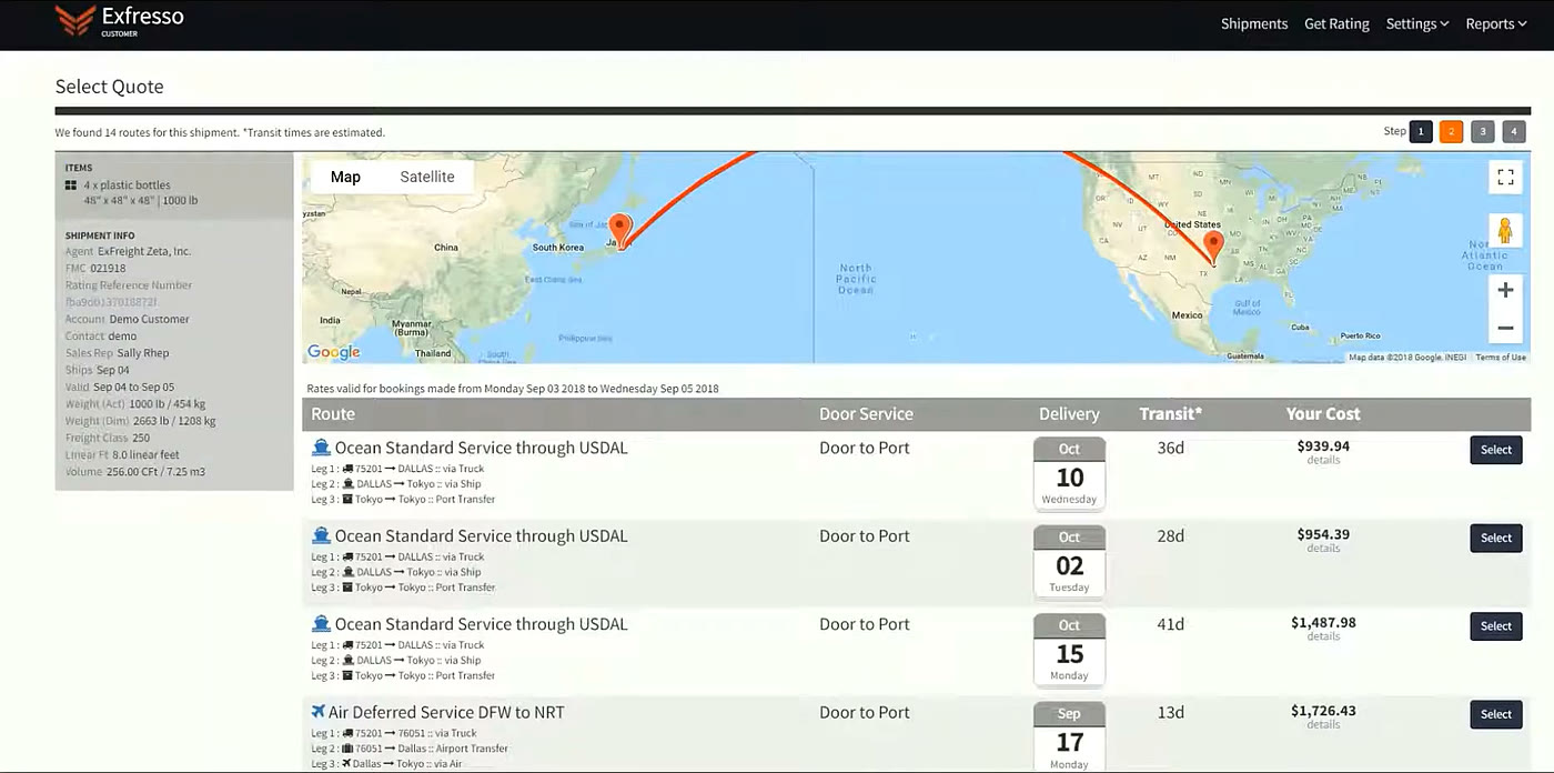 Exfresso Select Quote screen: ocean and air routes from Dallas to Tokyo with delivery date, transit days and cost per route